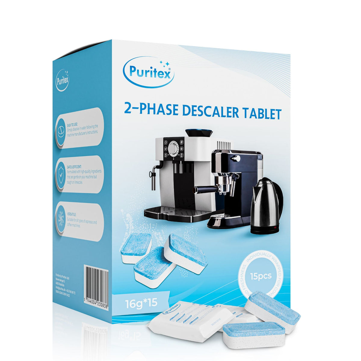 Puritex 2-fas Avkalkningstabletter för Kaffe- och Espressomaskiner 15 st.