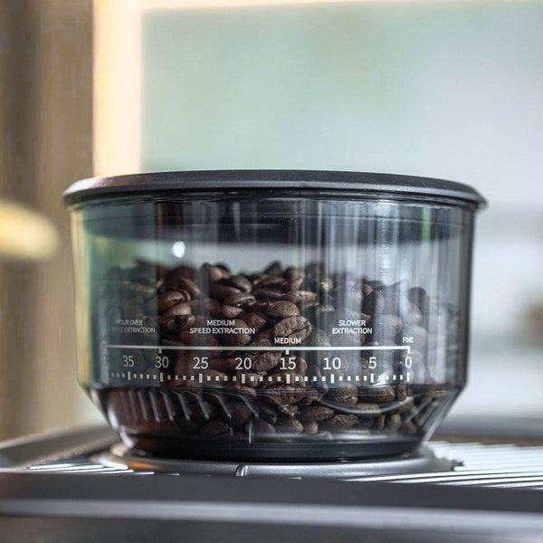 Kaffebönor i kvarnens behållare