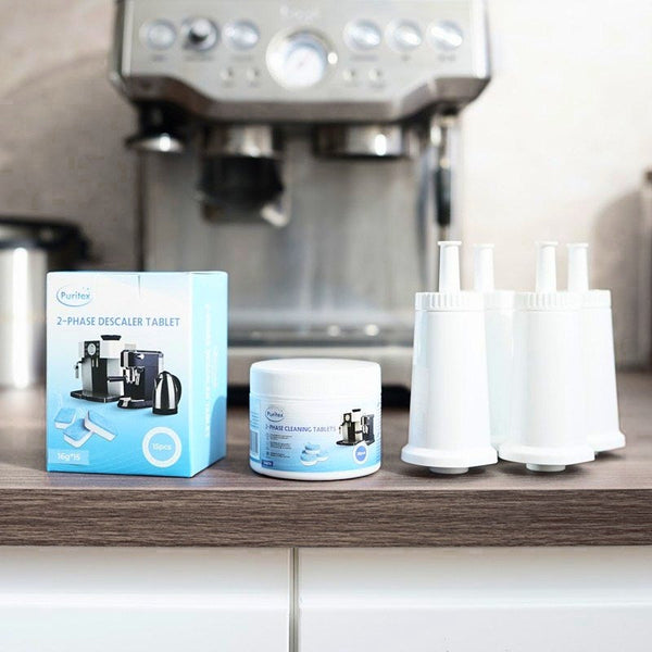 Puritex avkalknings- och rengöringstabletter och fyra Pure Wave-vattenfilter